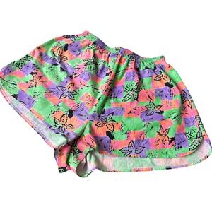 Island Native 90s Floral Print Shorts Vibrant Colorful Neon Elastic Shorts  XS